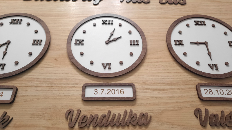 Dřevěný nápis s hodinami