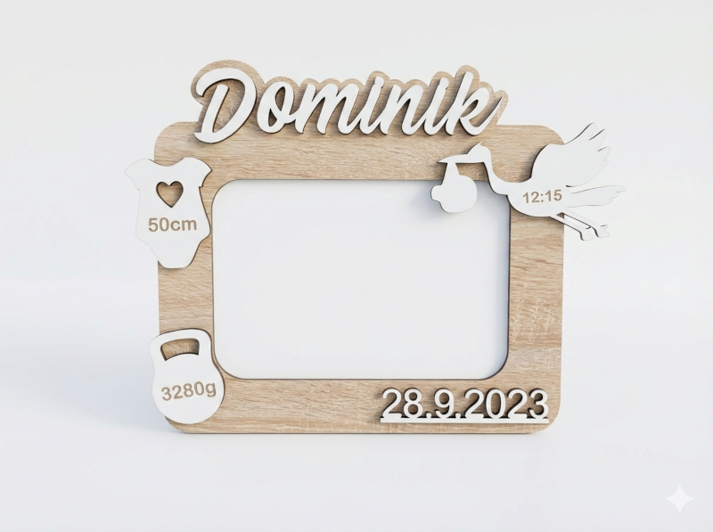 Dřevěný fotorámeček k narození s čápem a údaji 