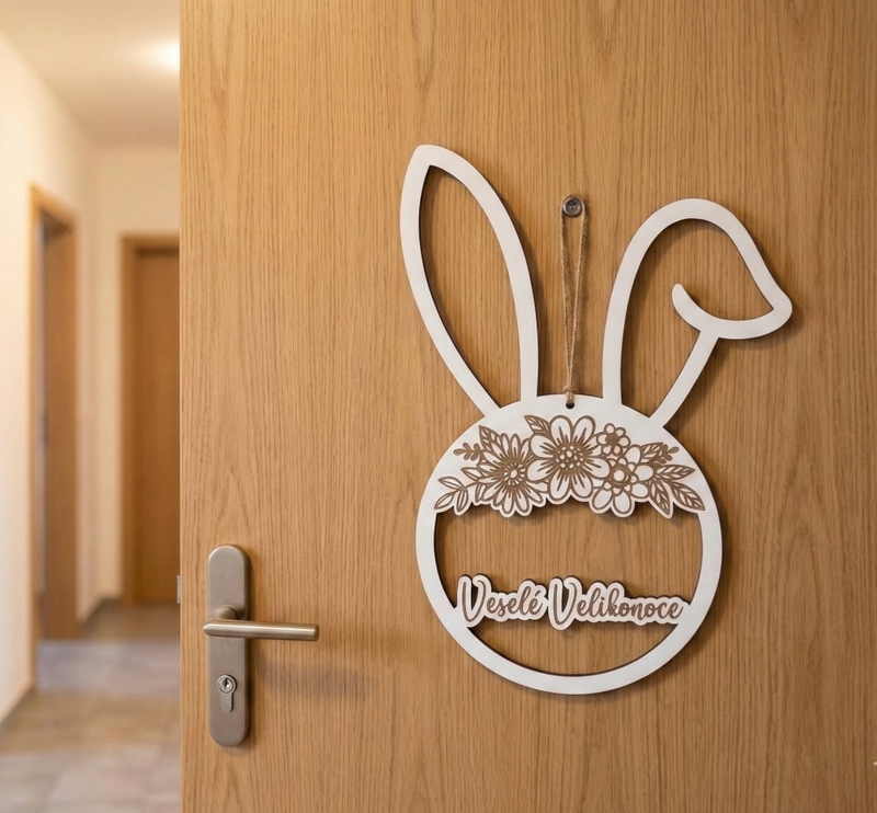 Dřevěný jarní věnec se zajíčkem k zavěšení