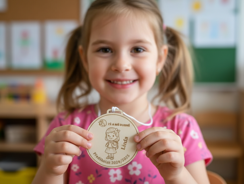 Dřevěná památeční medaile pro školy a školky (s vlastním textem a logem)